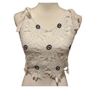 Mi Ami Women’s S White & Black Daisy Cropped Tank Top Embroidered Zipper Back